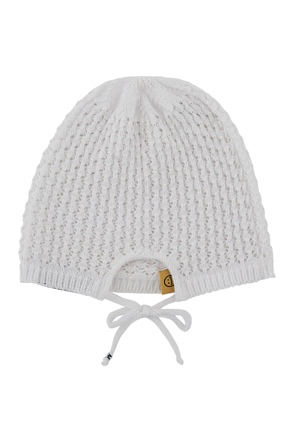 YELLOW TAB CROCHET BEANIE WHITE