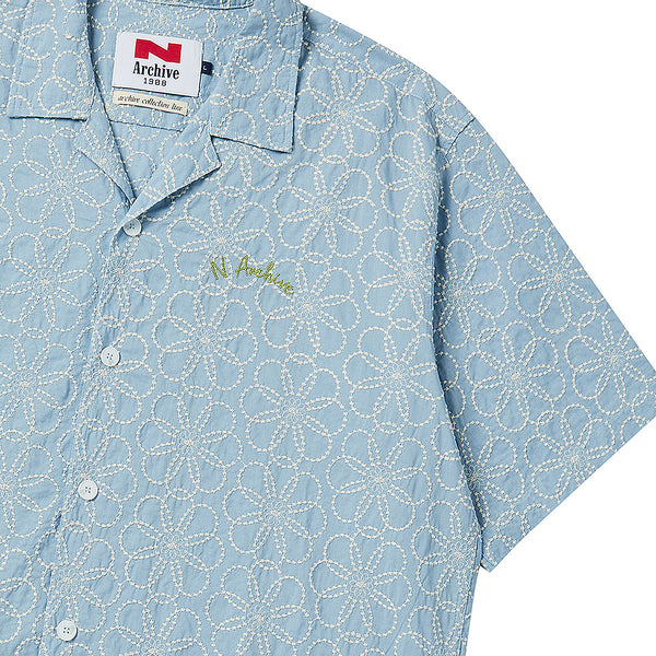 [COLLECTION LINE] HAND MADE FLOWER STITCH 1/2 COTTON SHIRT SKY BLUE