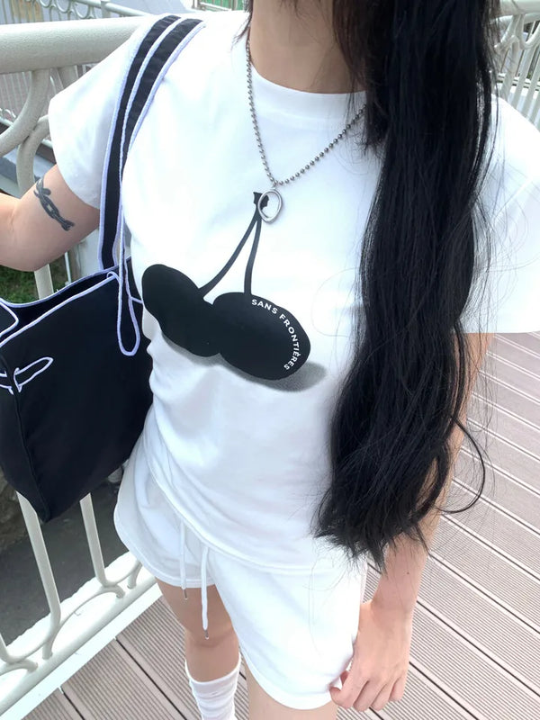Cherry Color Block Cherry プリント半袖Tシャツ (2 colors)