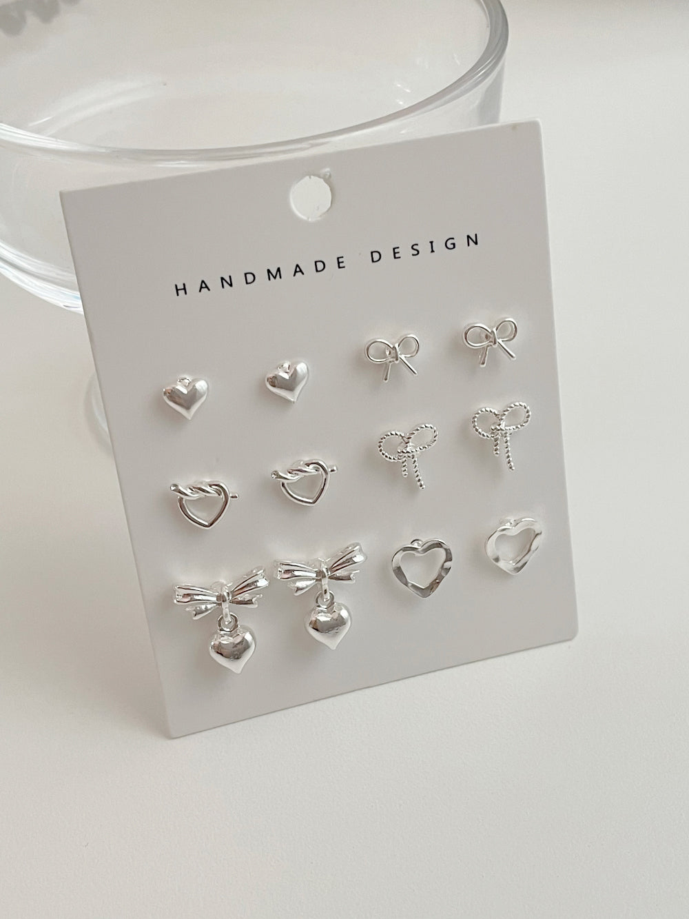 [6 set] shining ribbon heart earring set / 2 colors / lovely layered daily ballet core