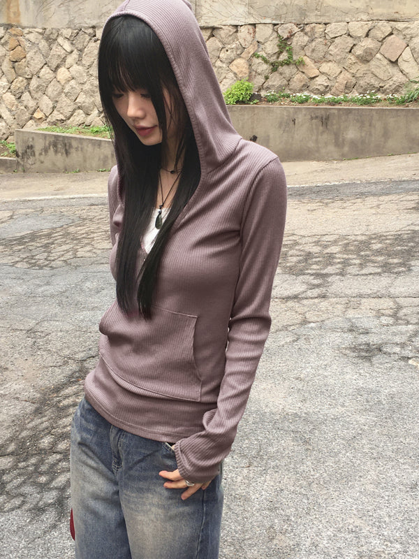 [MADE] Tibot Vintage Button V-Neck Ribbed Hooded Sweatshirt