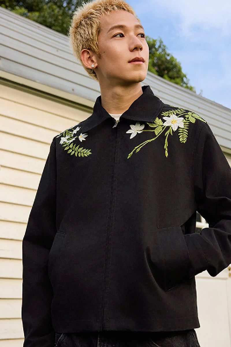 ミニマリストグリーンフローラルエンブロイダードブレザージャケット