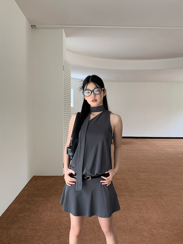 Charcoal scarf uncut flare dress