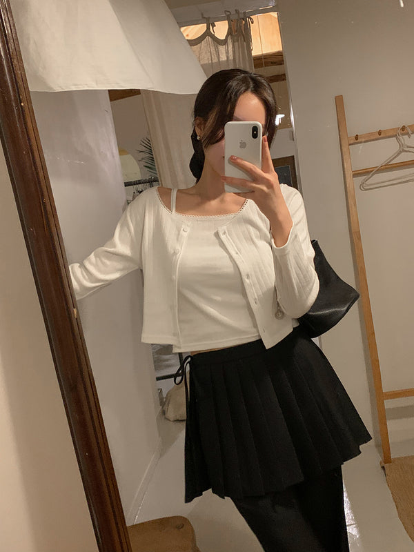 [Set/layered] キャメルサマーアイレットパンチングレースクロップカーディガン (3 colors)