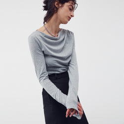 SHIRRING DRAPE LONG SLEEVE TOP MELANGE GRAY