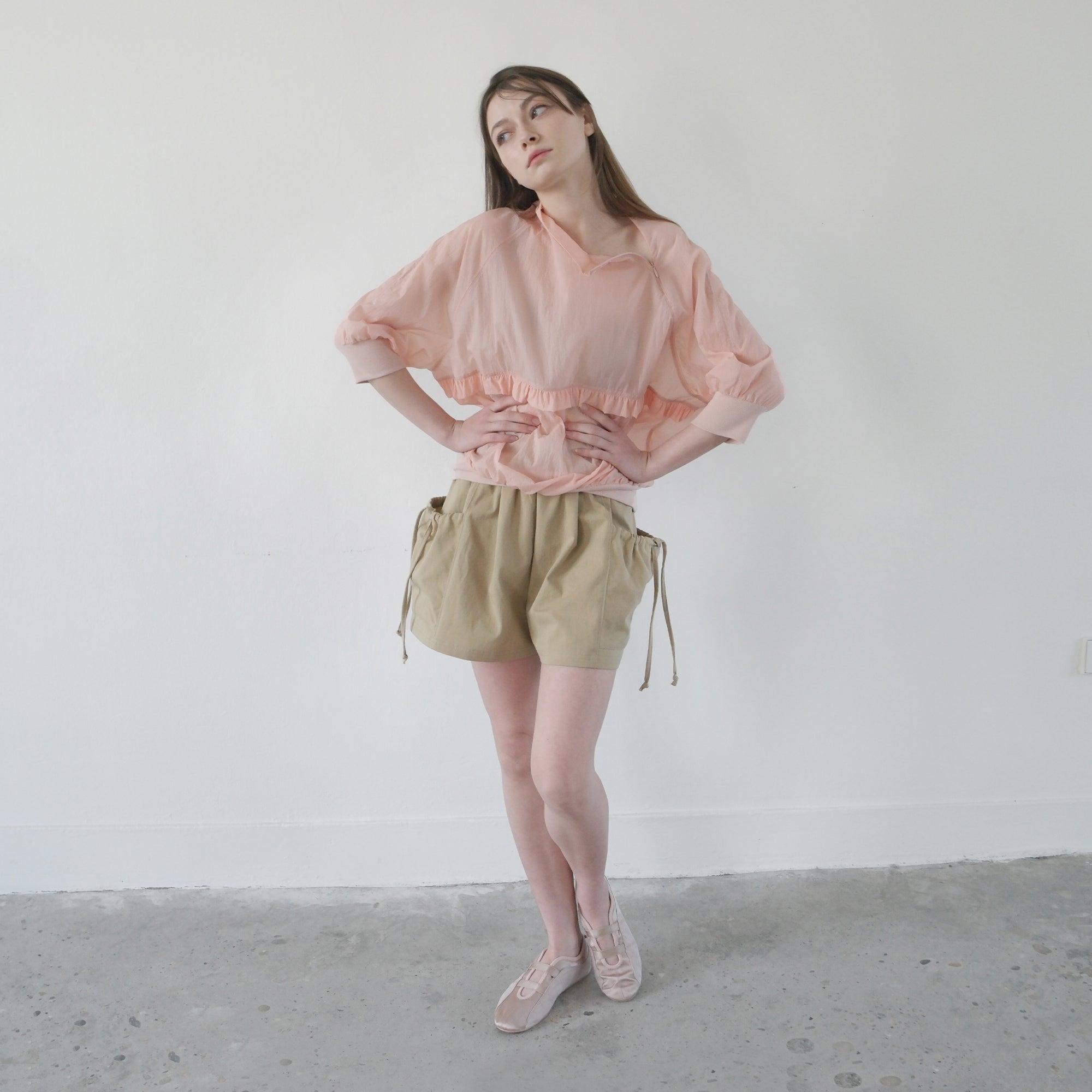 Pink Nylon Ruffle Blouse