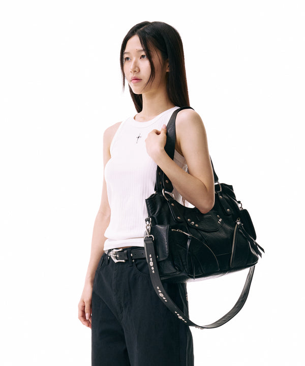 Studded Leather Shoulder Bag (Black)