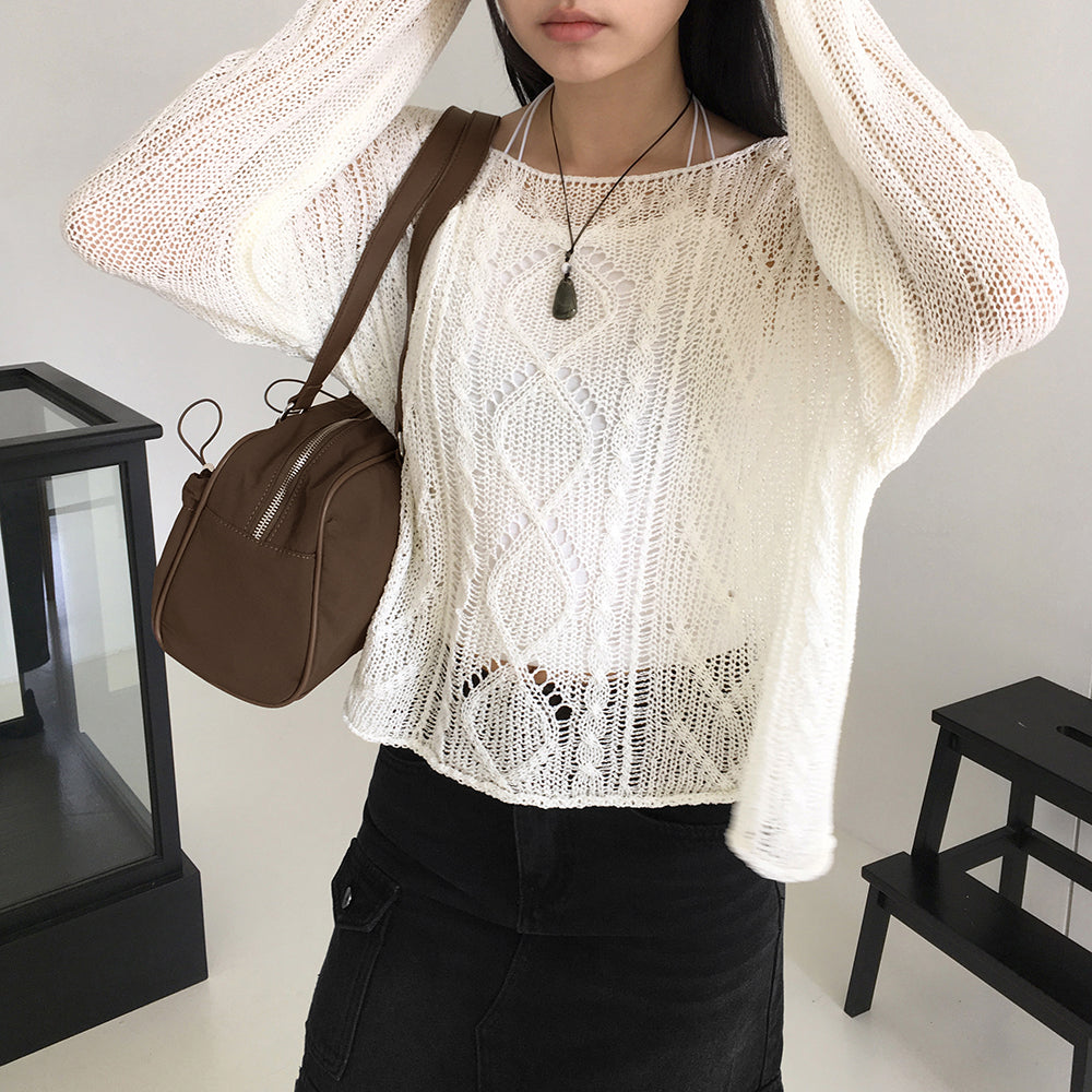 Erpi wave punching see-through lip neck long sleeve knit