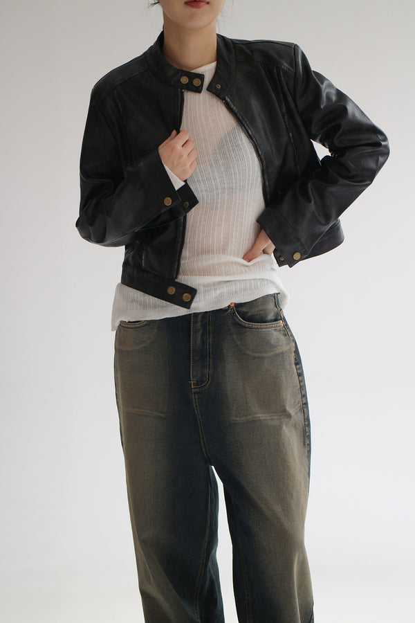 Crop leather jacket (2color)