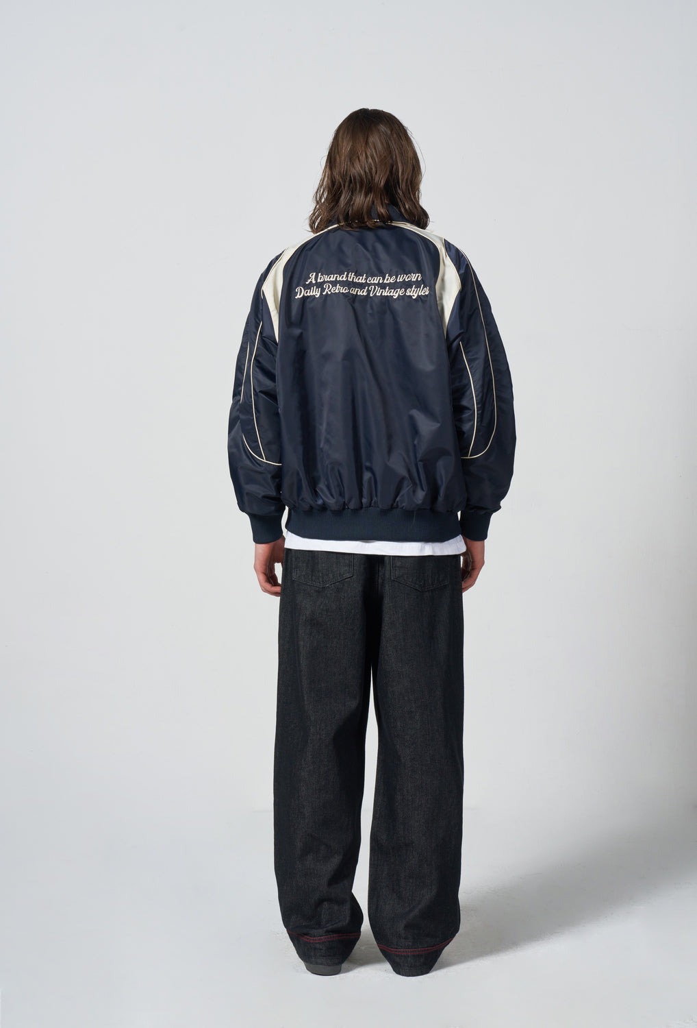 COLOR TONING PATTERN BASE BALL JACKET - NAVY