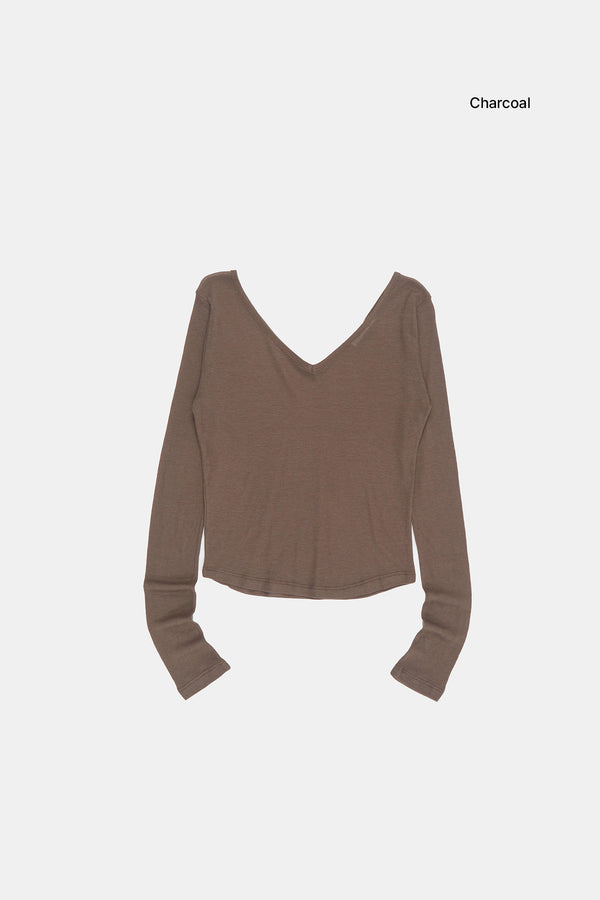 Wool wide v-neck see-through long sleeve