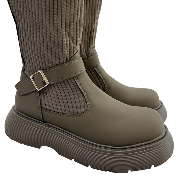 ウェッシュバックルハイヒールスパンニットロングブーツ (3 colors)