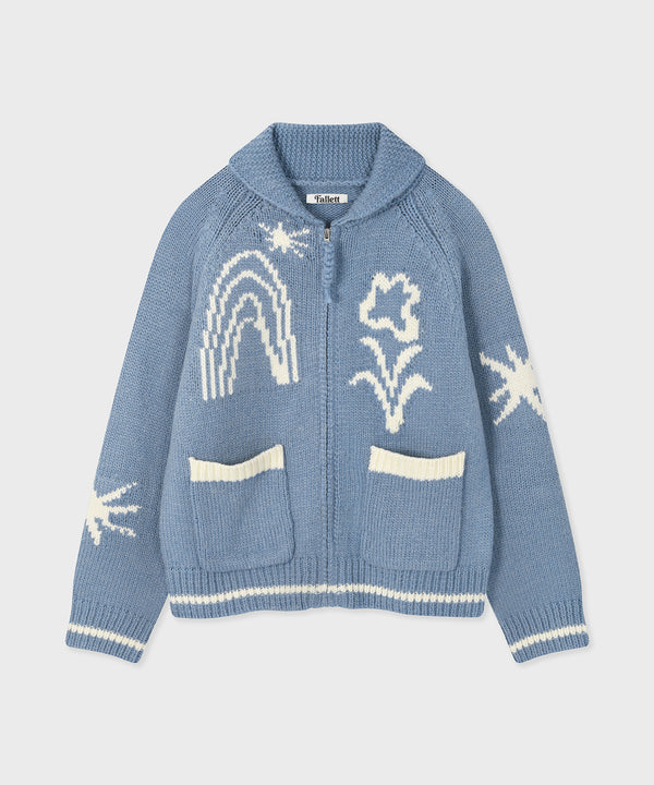 DRAWING GARDEN COWICHAN KNIT ZIP UP SKY BLUE