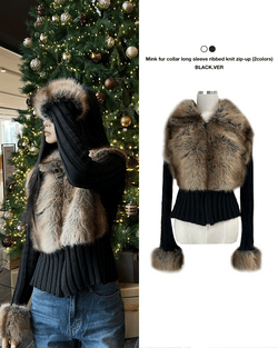 ミンクファーカラー長袖リブニットジップアップ (2 colors) / BLACK.VER