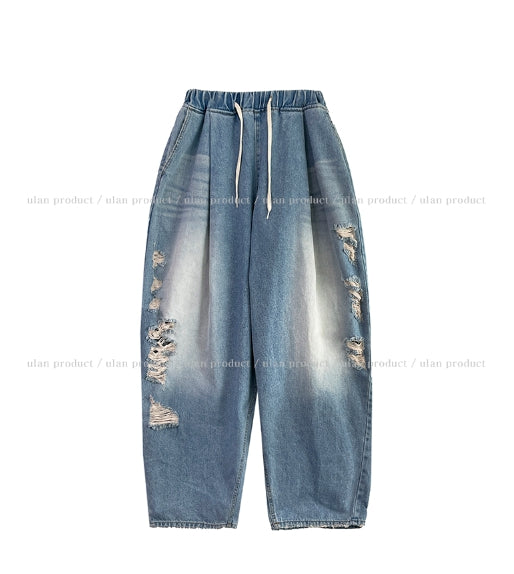 Side Damage Balloon Banding Denim Pants