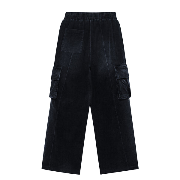 Washing Corduroy Cargo Banding Denim Pants Black