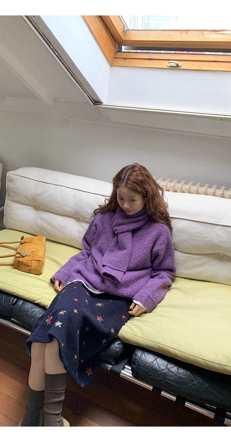 floral embroidered flare wool midi skirt