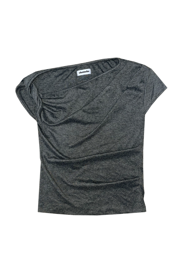 DRAPED TWIST RIBBON T-SHIRT (CHARCOAL)