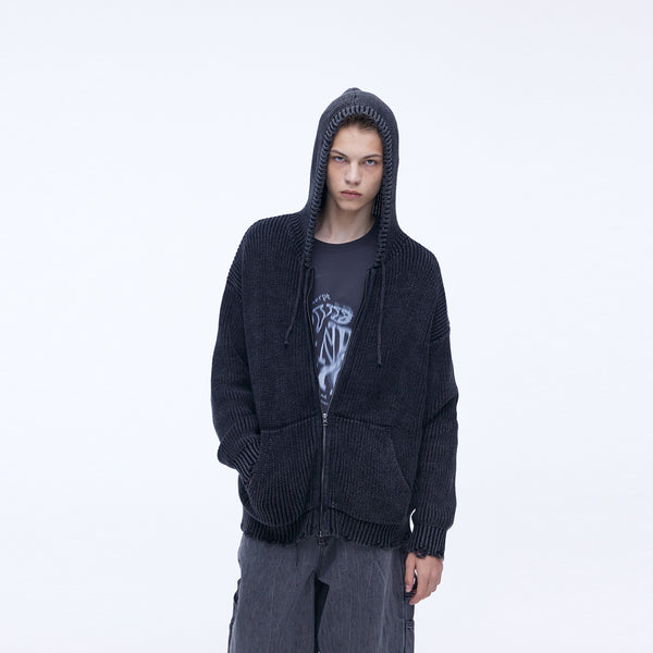 Sserpe Destroyed Cotton Knit Hoodie Zip Up Charcoal