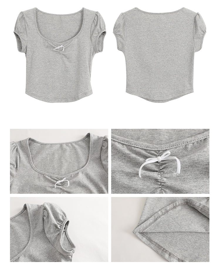 Beksul U-Neck Gray Short Sleeve Puff Tee