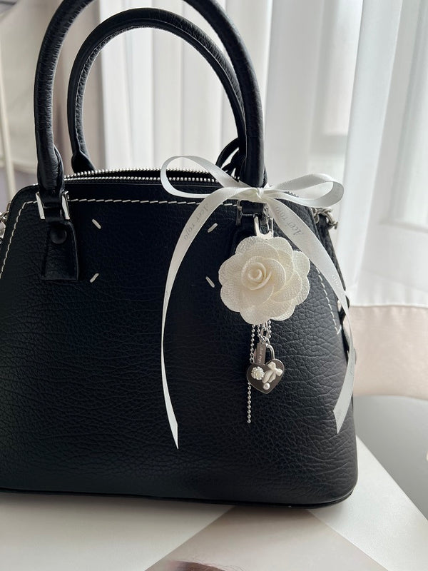 caj rose camellia ribbon heart flower strap bag key ring keychain