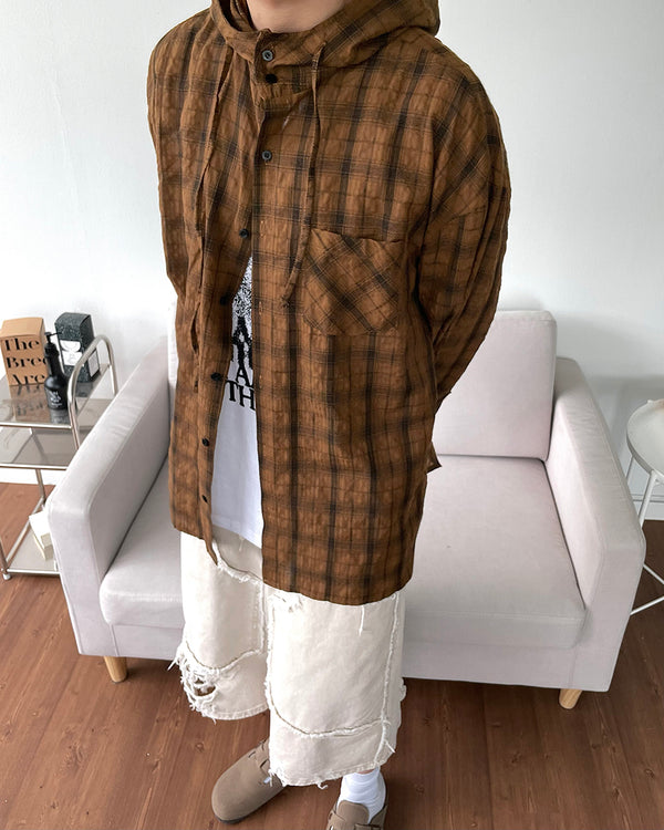 Linen checkered hooded shirt