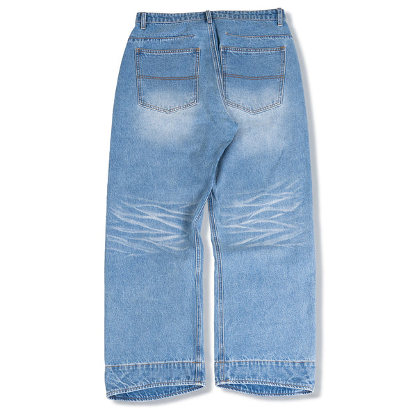 WASHING CURVED WIDE DENIM PANTS LIGHT BLUE