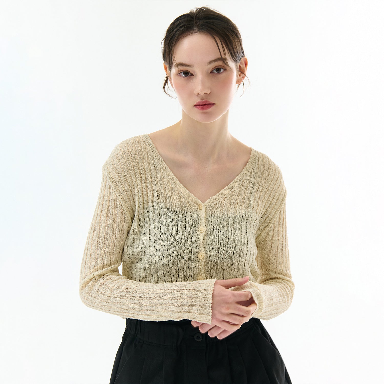 BOUCLE V-NECK RIBBED KNIT CARDIGAN BEIGE