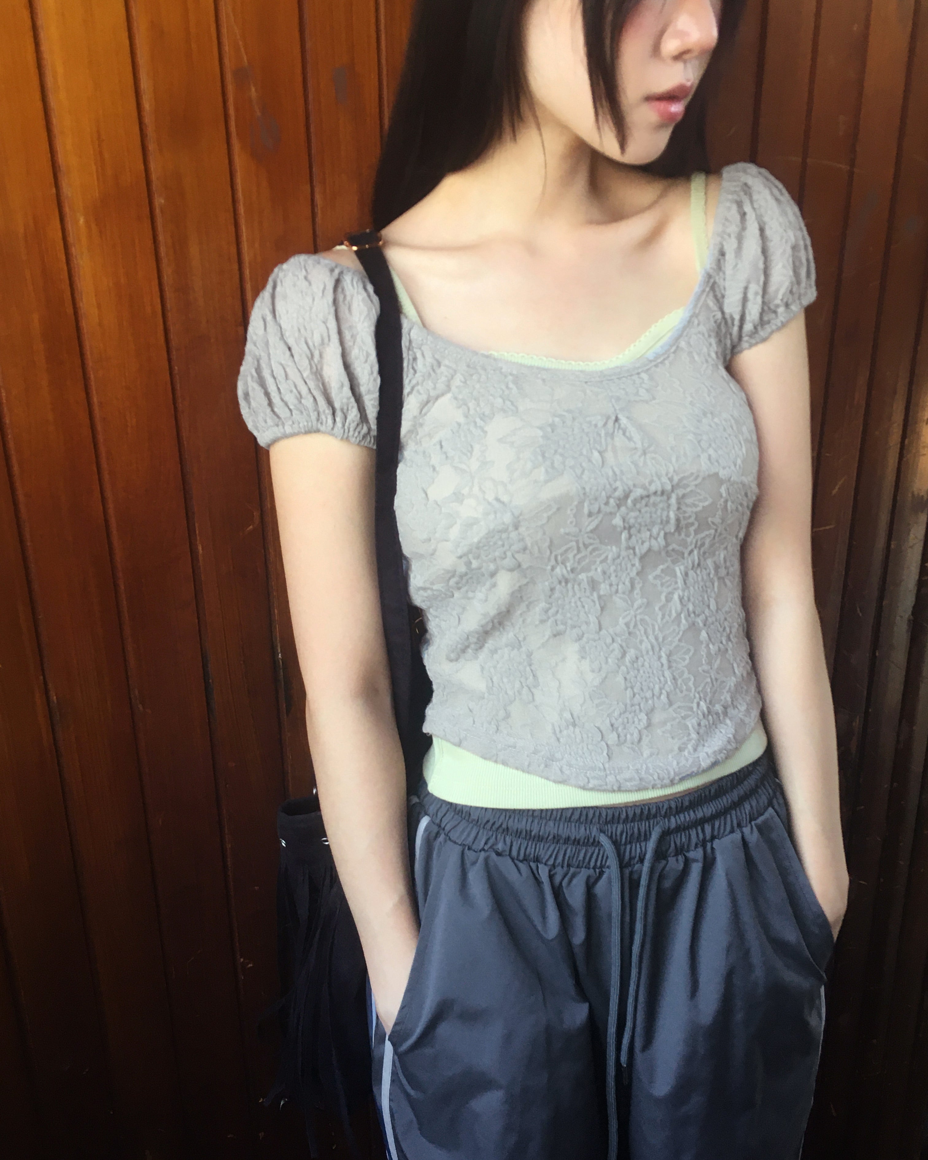 キハレースシースルーパフクロップドショートスリーブTシャツ