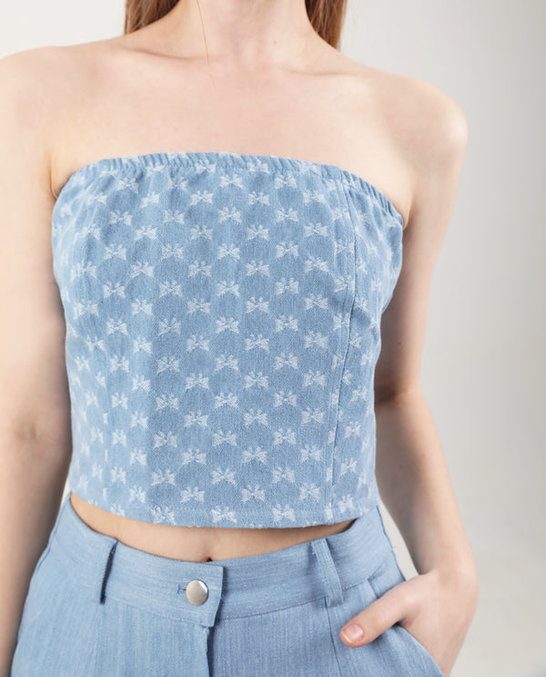 Denim Ribbon Crop Top Light Blue