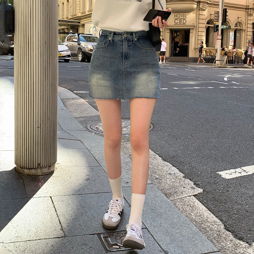 [BELLIDE MADE] ウォッシングデニムミニスカートウィズペチコート