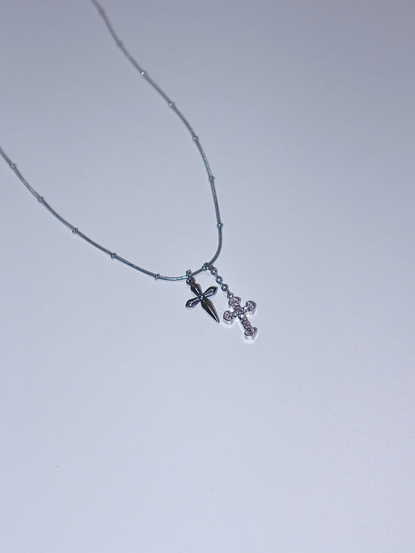 all surgical steel stone cubic double cross necklace