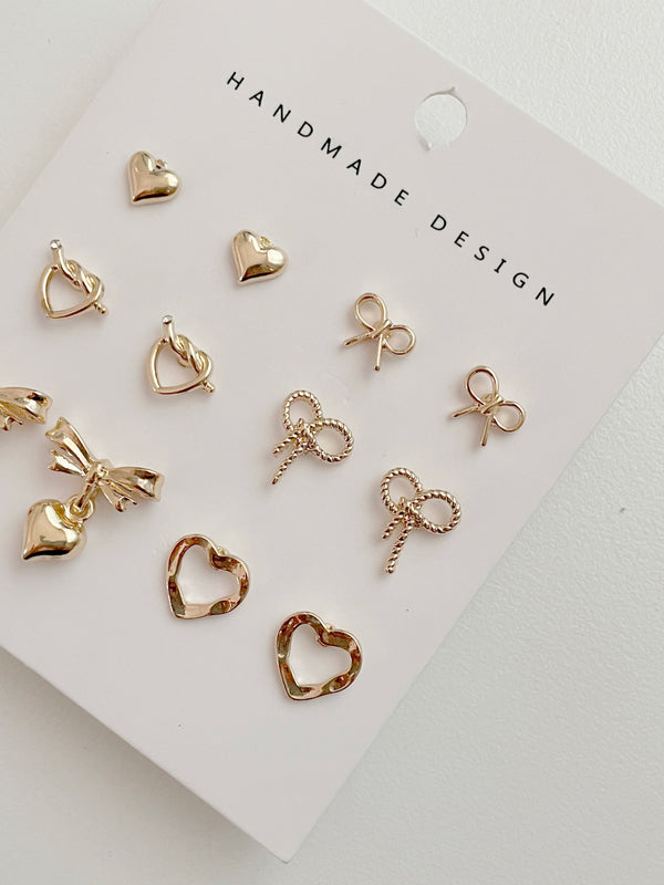 [6 set] shining ribbon heart earring set / 2 colors / lovely layered daily ballet core