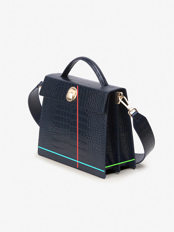 LAZEL CROC flap tote leather bag / Wani Navy