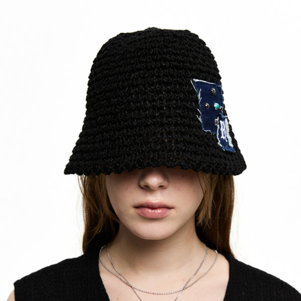 RIVET PATCHED KNIT BUCKET HAT - BLACK