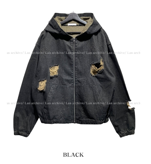 Damage Two Way Denim Hooded Jacket