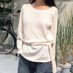 Liton strap boat-neck off shoulder long knit T-shirt