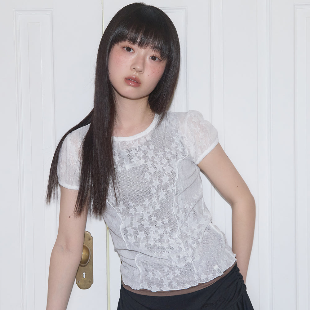 ウェーブパフレースTシャツ (White) F25QB127