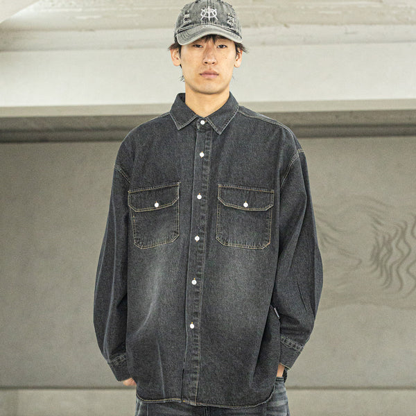 RELAX WASHED DENIM POCKET LONG SHIRTS MSFST001-BK