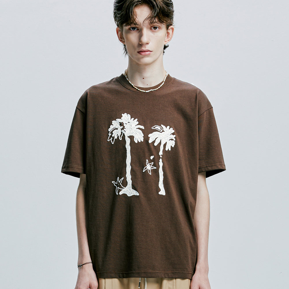 palm tree & eyelet chain needlework t-shirt brown