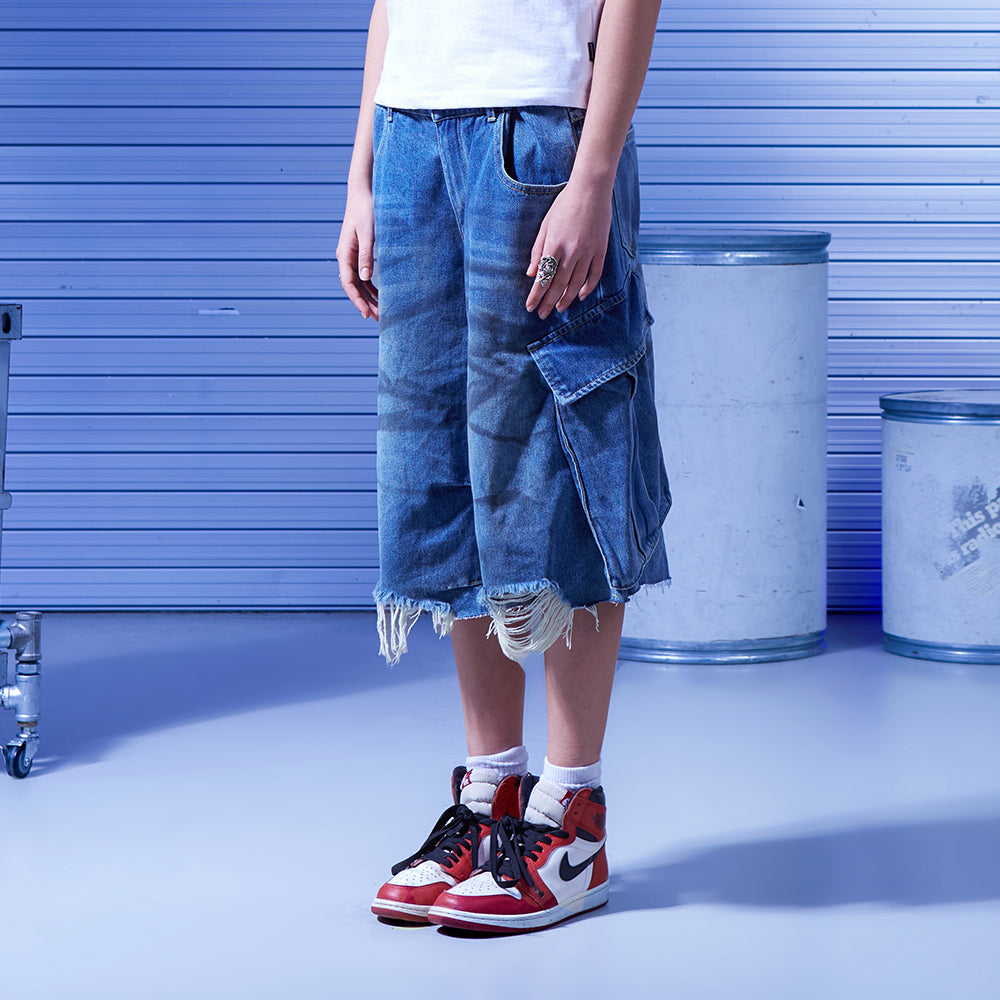 Dirty wide bermuda pants_Denim blue