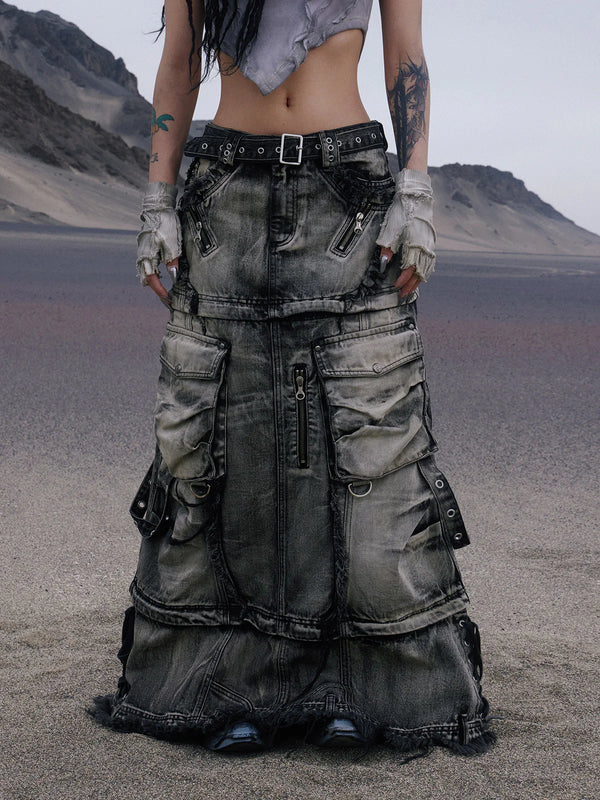 Three-Stage Faded Maxi Denim Skirt