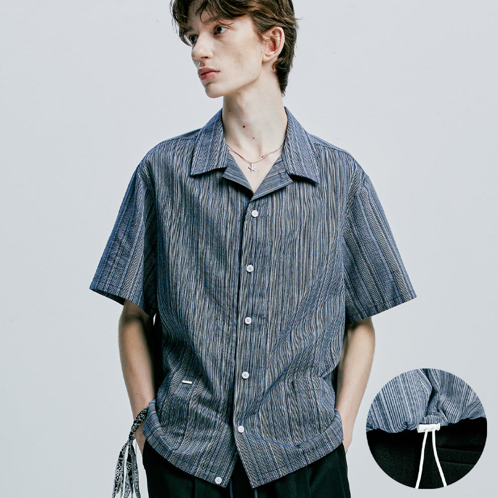 2way yukata stripe open collar half shirt navy