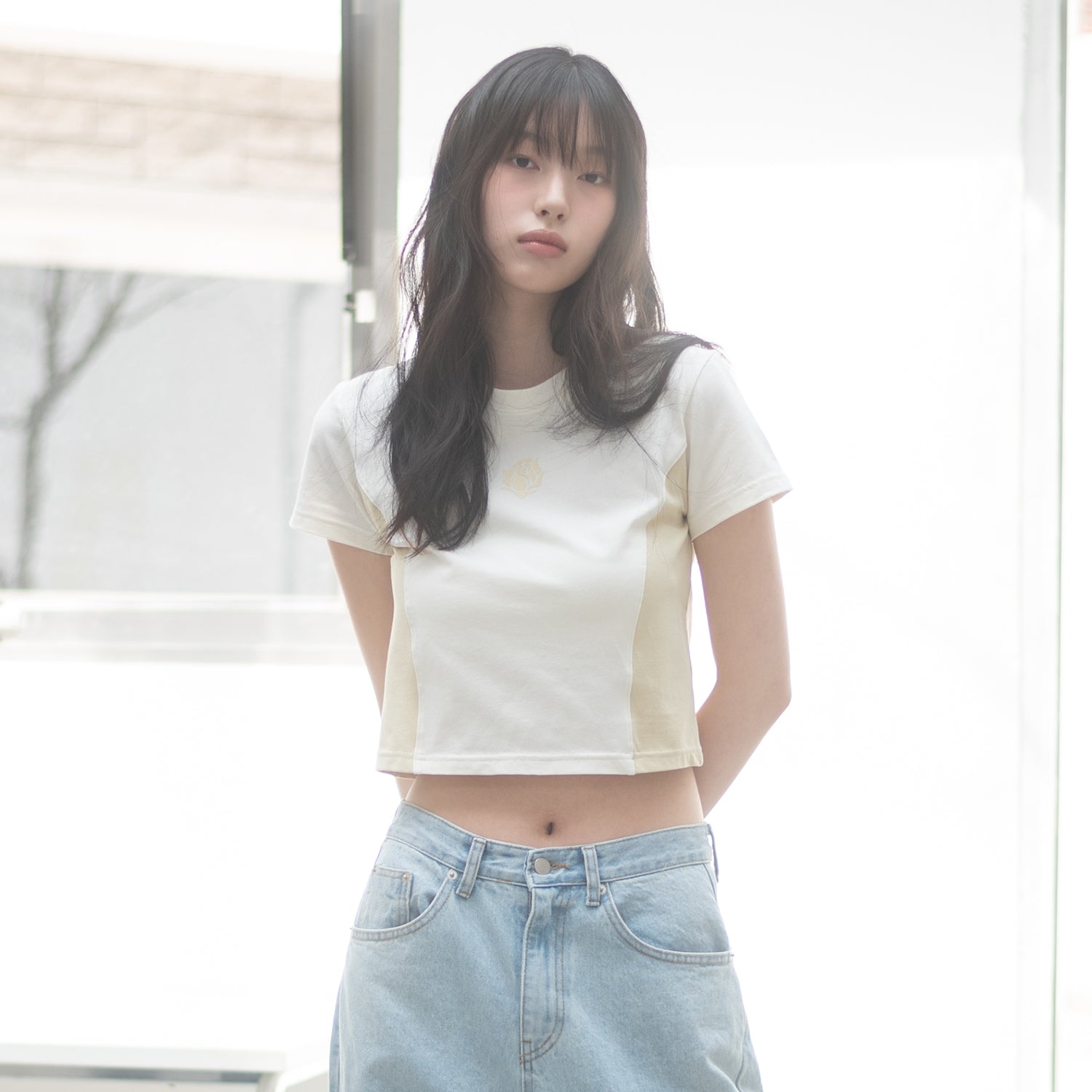 COLOR BLOCK CROP S/S TEE(SAGE)