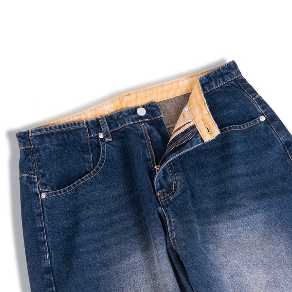 WASHING CURVED WIDE DENIM PANTS DEEP BLUE