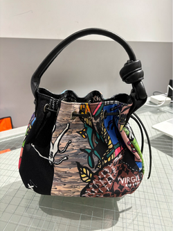 Comics Printed x Leather Bucket Bag with Drawstring