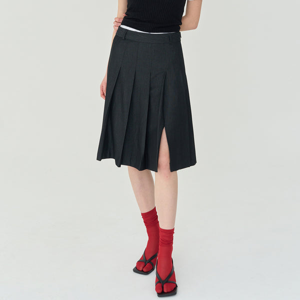 SLIT PLEATS MIDI SKIRT (BLACK)