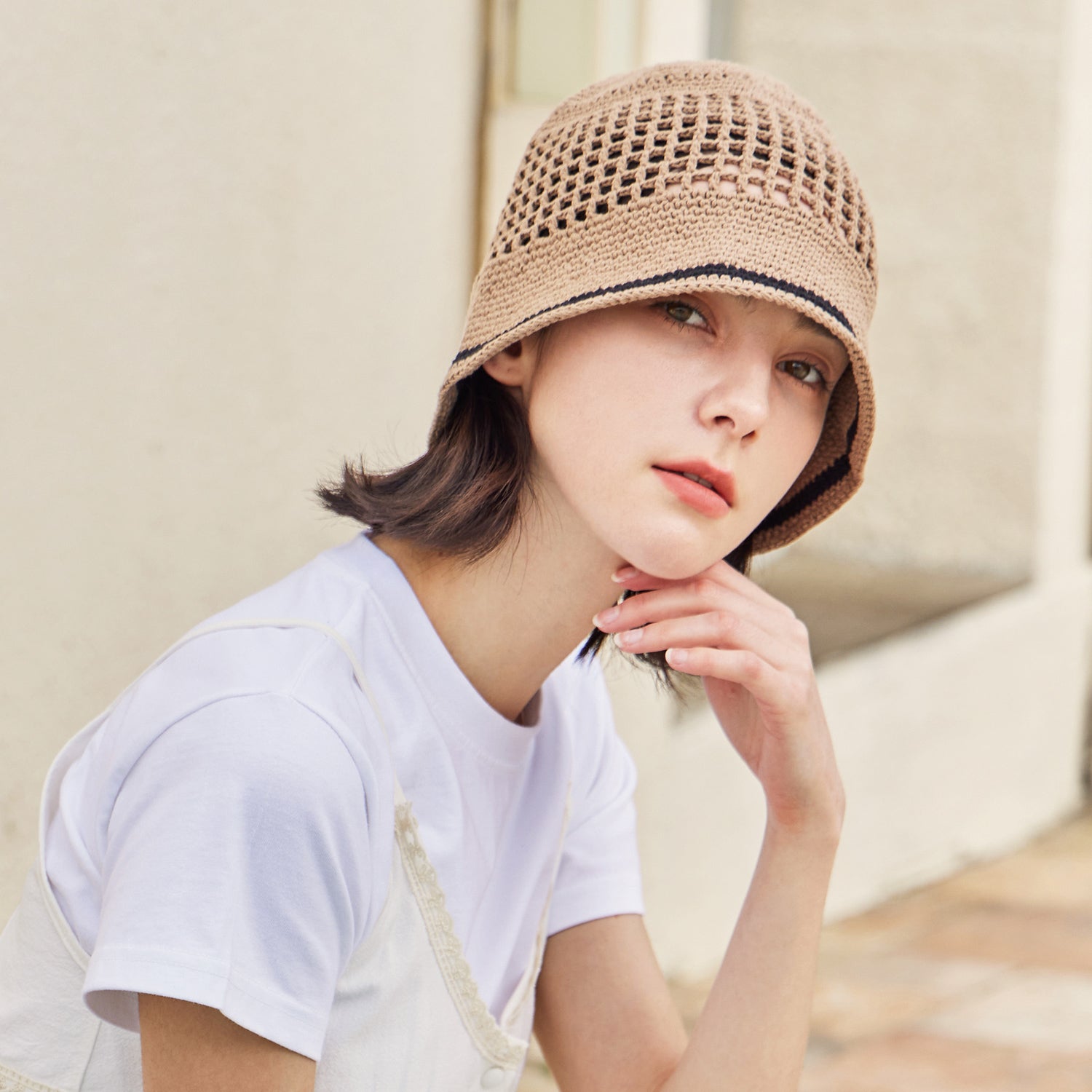 VA Top Button Knit Crochet Bucket Hat / Brown