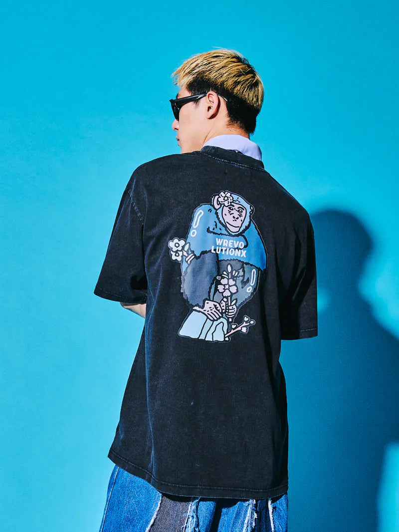 サクラアニマルズブラックデニムウォッシュドTシャツ (エイプ)