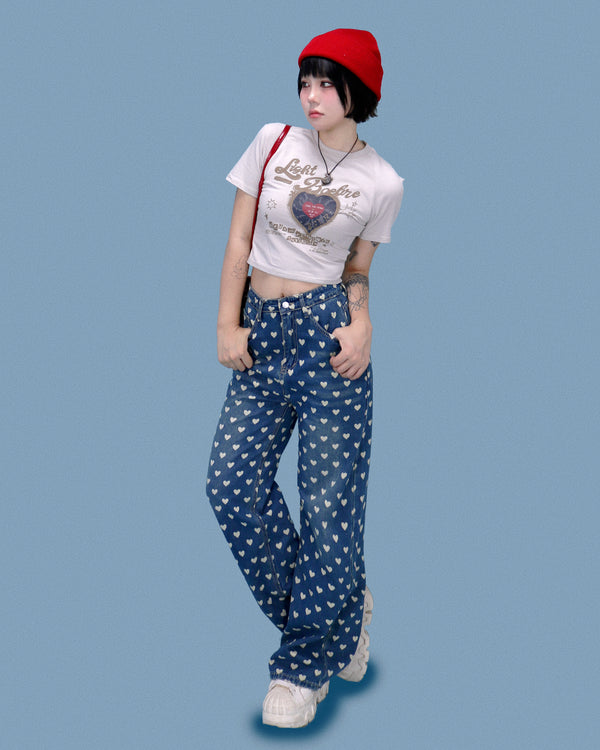 heart pattern denim pants